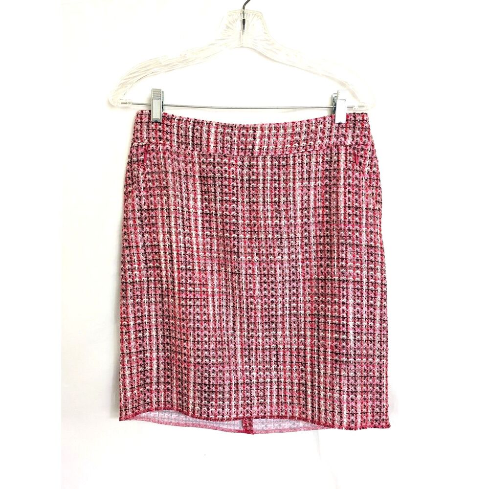 White House Black Market Pink Metallic Tweed Fringe Pencil Skirt Sz 2 WHBM